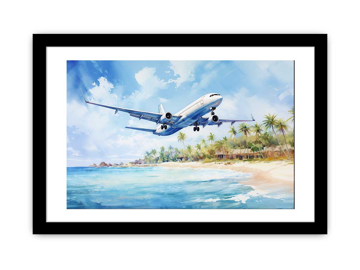 White airplane over turquoise beach canvas art for coastal room styling.