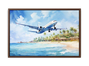 White airplane over turquoise beach canvas art for coastal room styling.