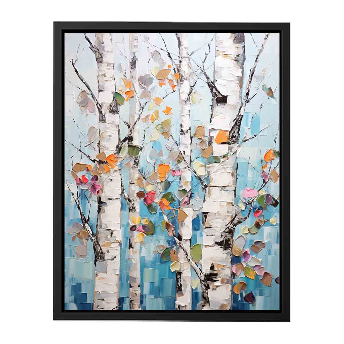Textured birch tree canvas art with colorful leaves for modern room decor.