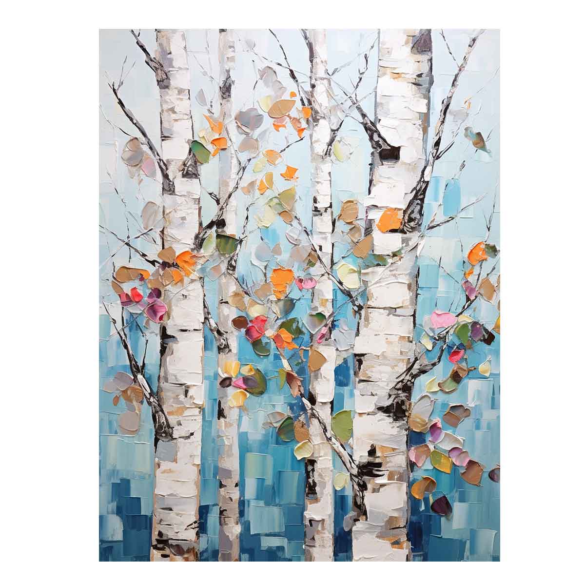 Textured birch tree canvas art with colorful leaves for modern room decor.