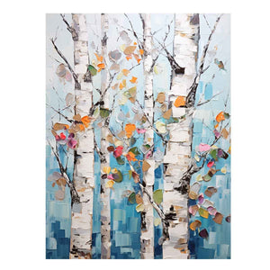 Textured birch tree canvas art with colorful leaves for modern room decor.