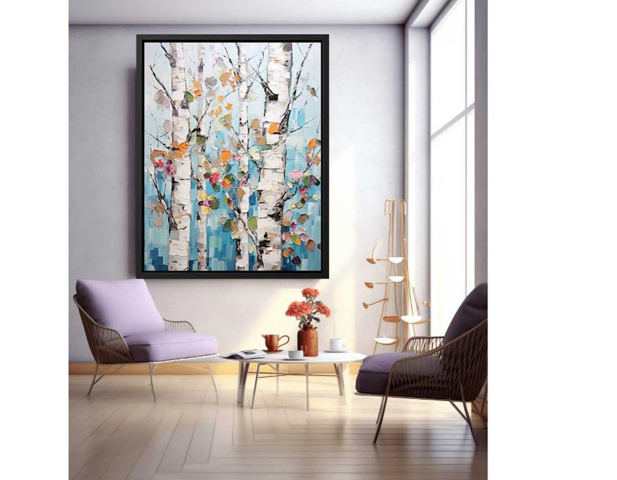 Textured birch tree canvas art with colorful leaves for modern room decor.