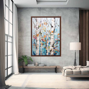 Textured birch tree canvas art with colorful leaves for modern room decor.