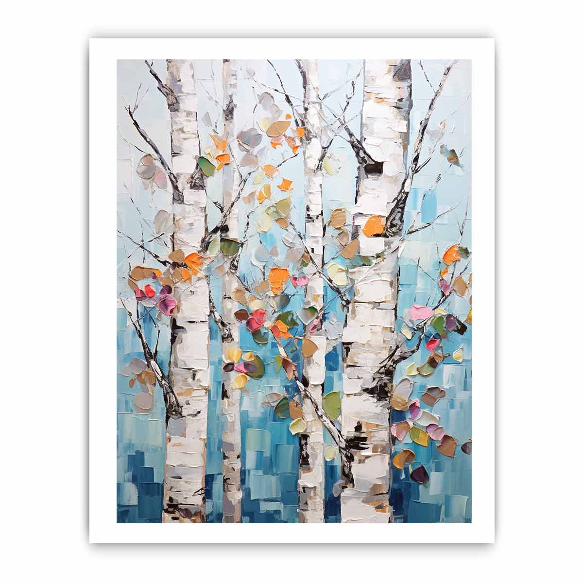 Textured birch tree canvas art with colorful leaves for modern room decor.
