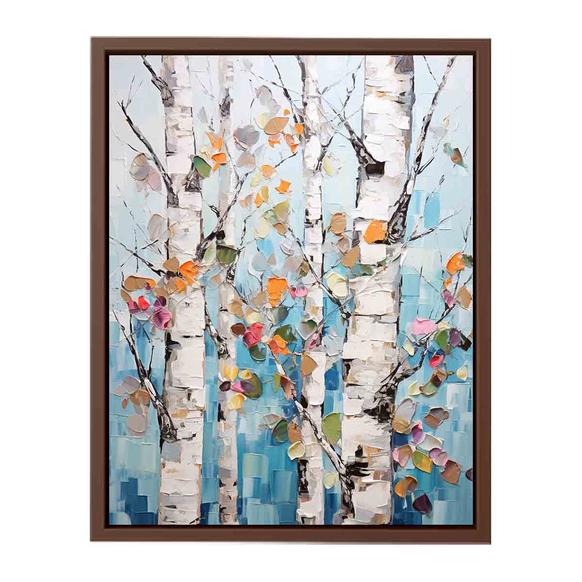 Textured birch tree canvas art with colorful leaves for modern room decor.