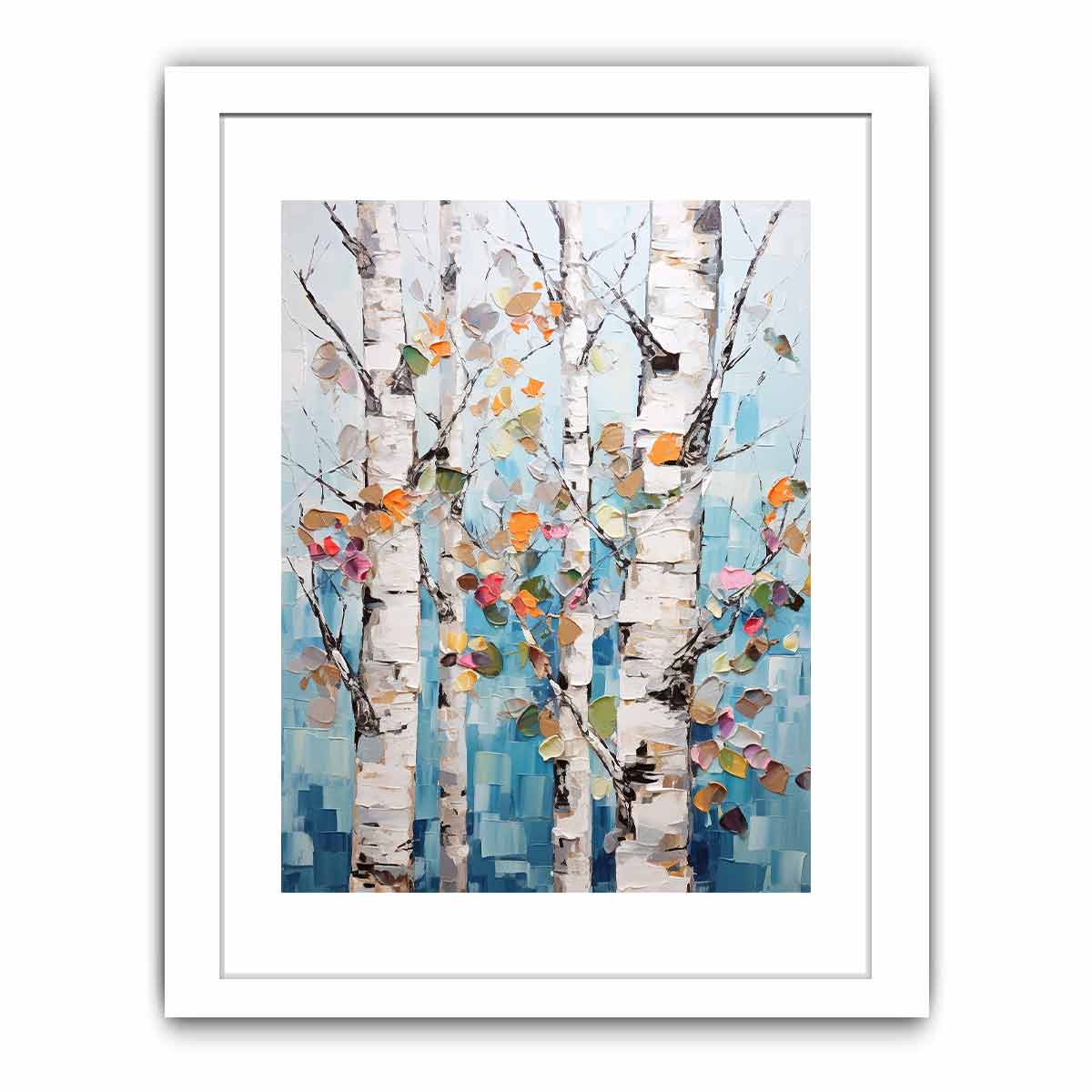 Textured birch tree canvas art with colorful leaves for modern room decor.