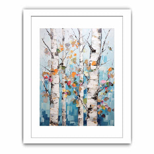 Textured birch tree canvas art with colorful leaves for modern room decor.