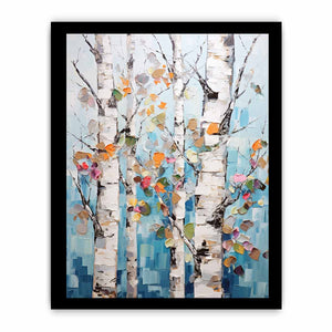 Textured birch tree canvas art with colorful leaves for modern room decor.