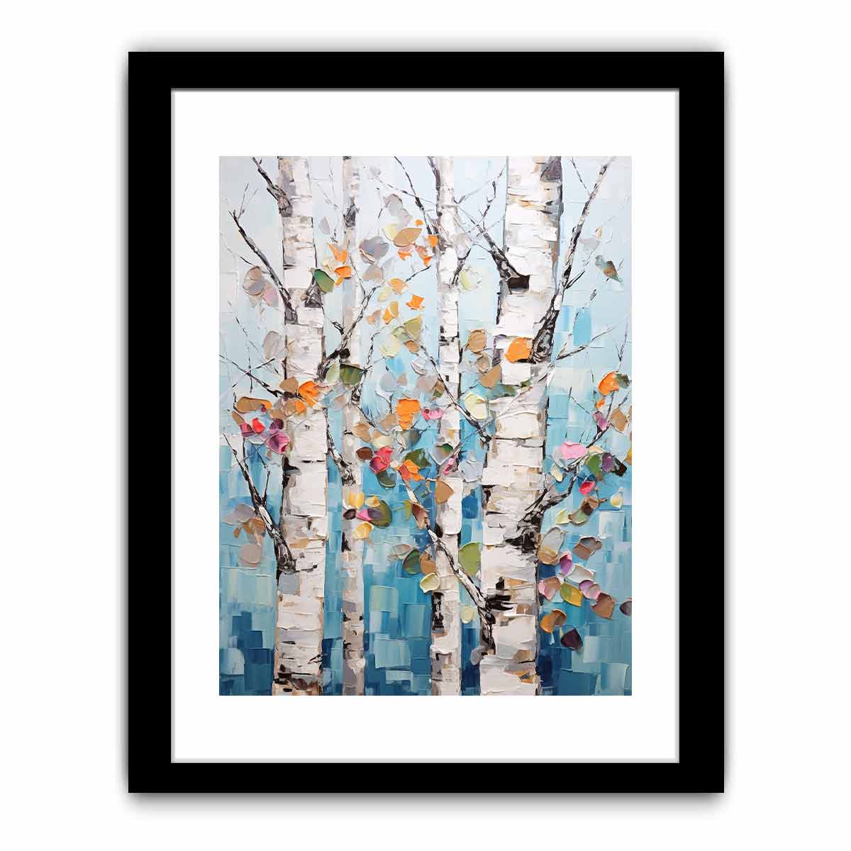 Textured birch tree canvas art with colorful leaves for modern room decor.