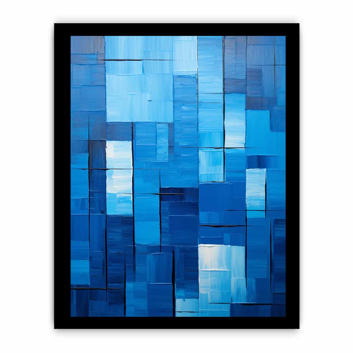 Blue geometric abstract canvas art for modern office or living room decor.