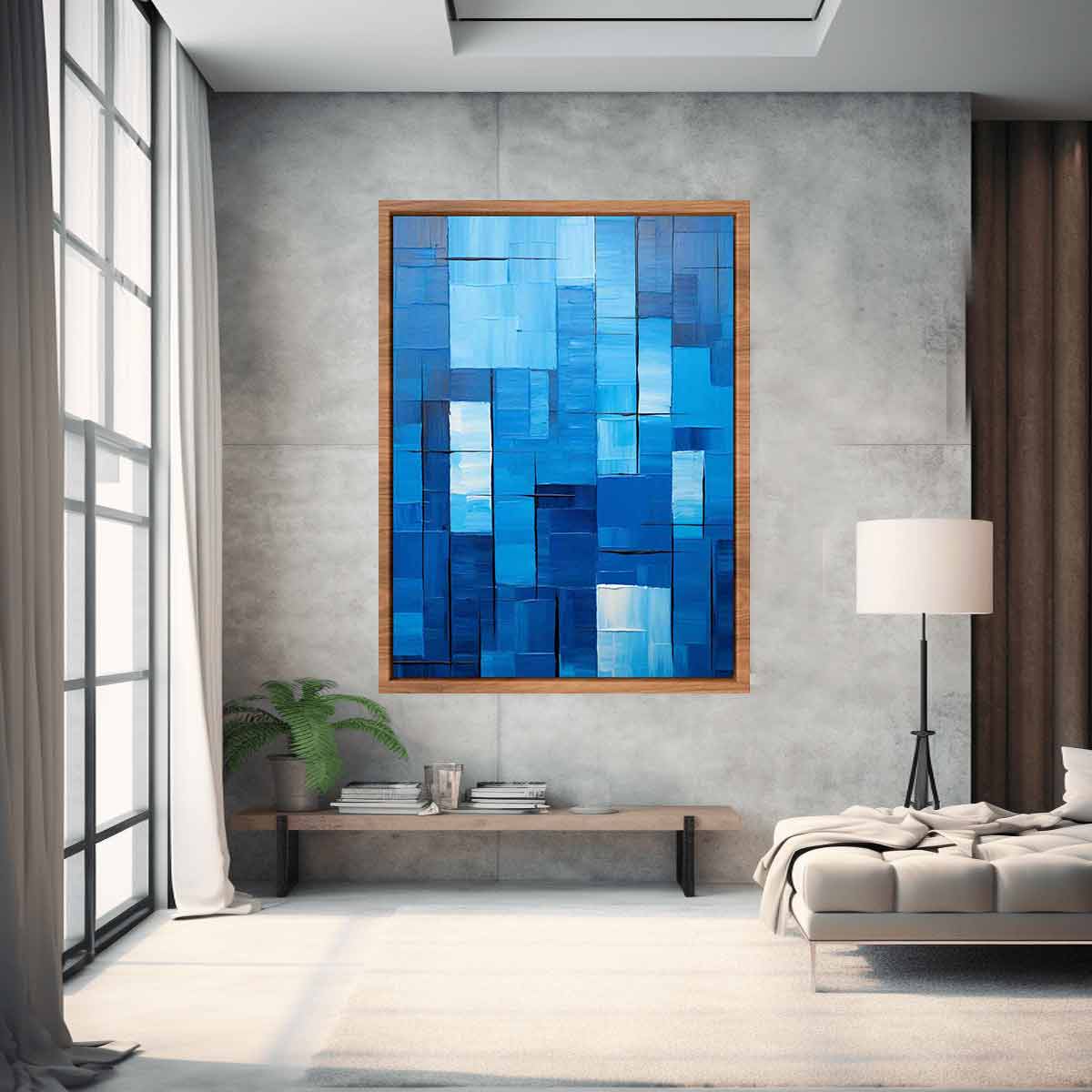 Blue geometric abstract canvas art for modern office or living room decor.
