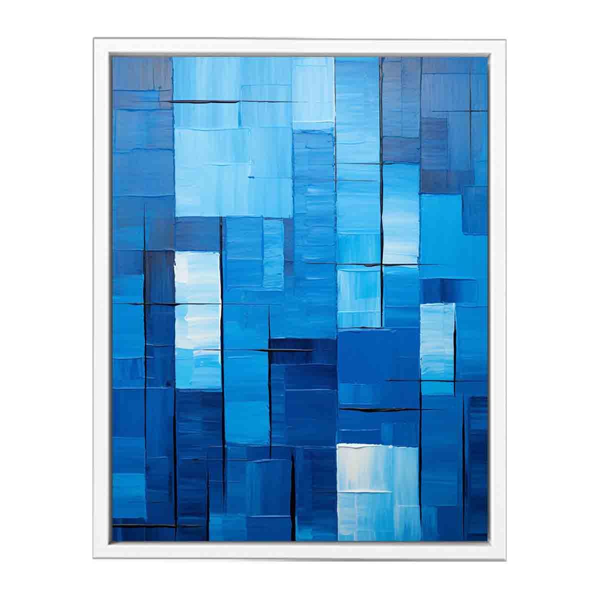 Blue geometric abstract canvas art for modern office or living room decor.
