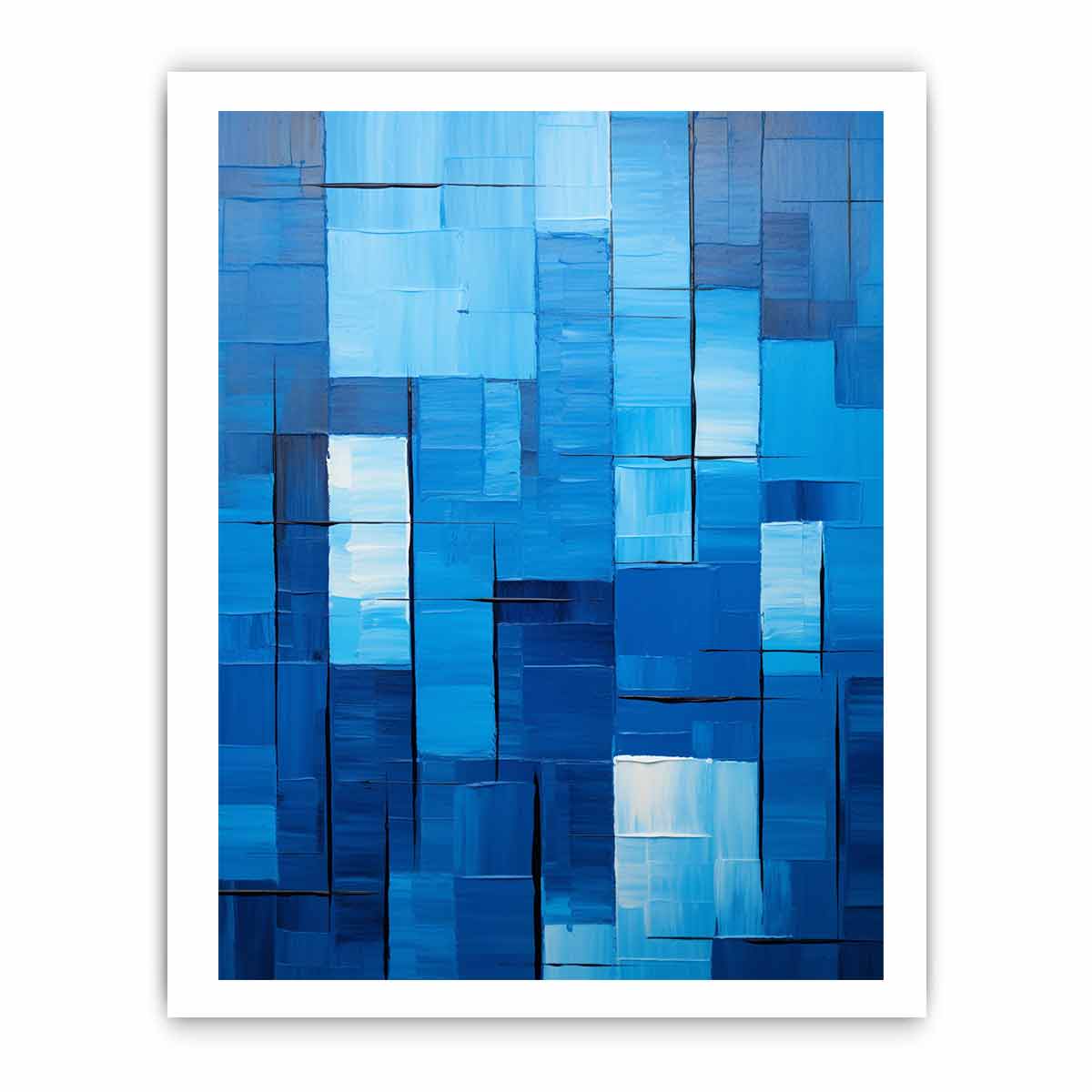 Blue geometric abstract canvas art for modern office or living room decor.