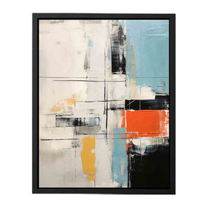 Contemporary abstract canvas art with orange, yellow, black, and blue accents.
