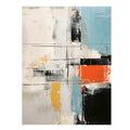 Contemporary abstract canvas art with orange, yellow, black, and blue accents.