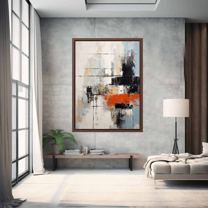 Contemporary abstract canvas art with orange, yellow, black, and blue accents.