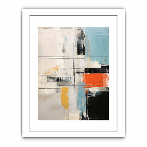 Contemporary abstract canvas art with orange, yellow, black, and blue accents.