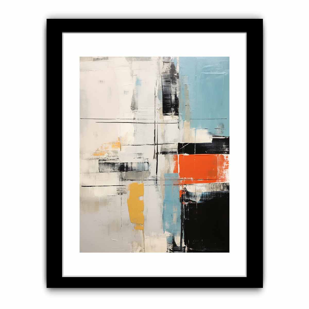 Contemporary abstract canvas art with orange, yellow, black, and blue accents.