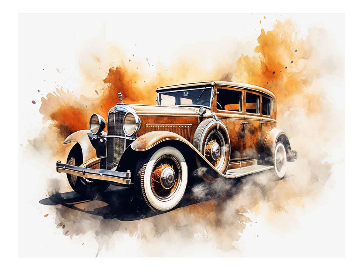 Vintage classic car canvas art with warm watercolor details for office decor.