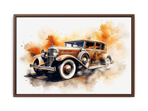 Vintage classic car canvas art with warm watercolor details for office decor.