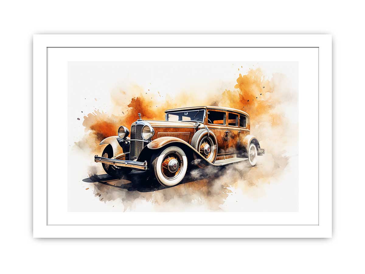 Vintage classic car canvas art with warm watercolor details for office decor.