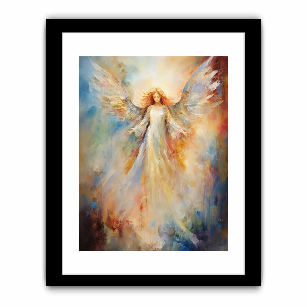 Ethereal angel canvas art with glowing wings for peaceful bedroom decor.