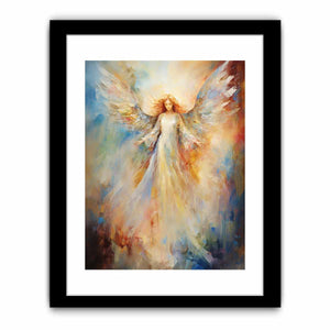 Ethereal angel canvas art with glowing wings for peaceful bedroom decor.