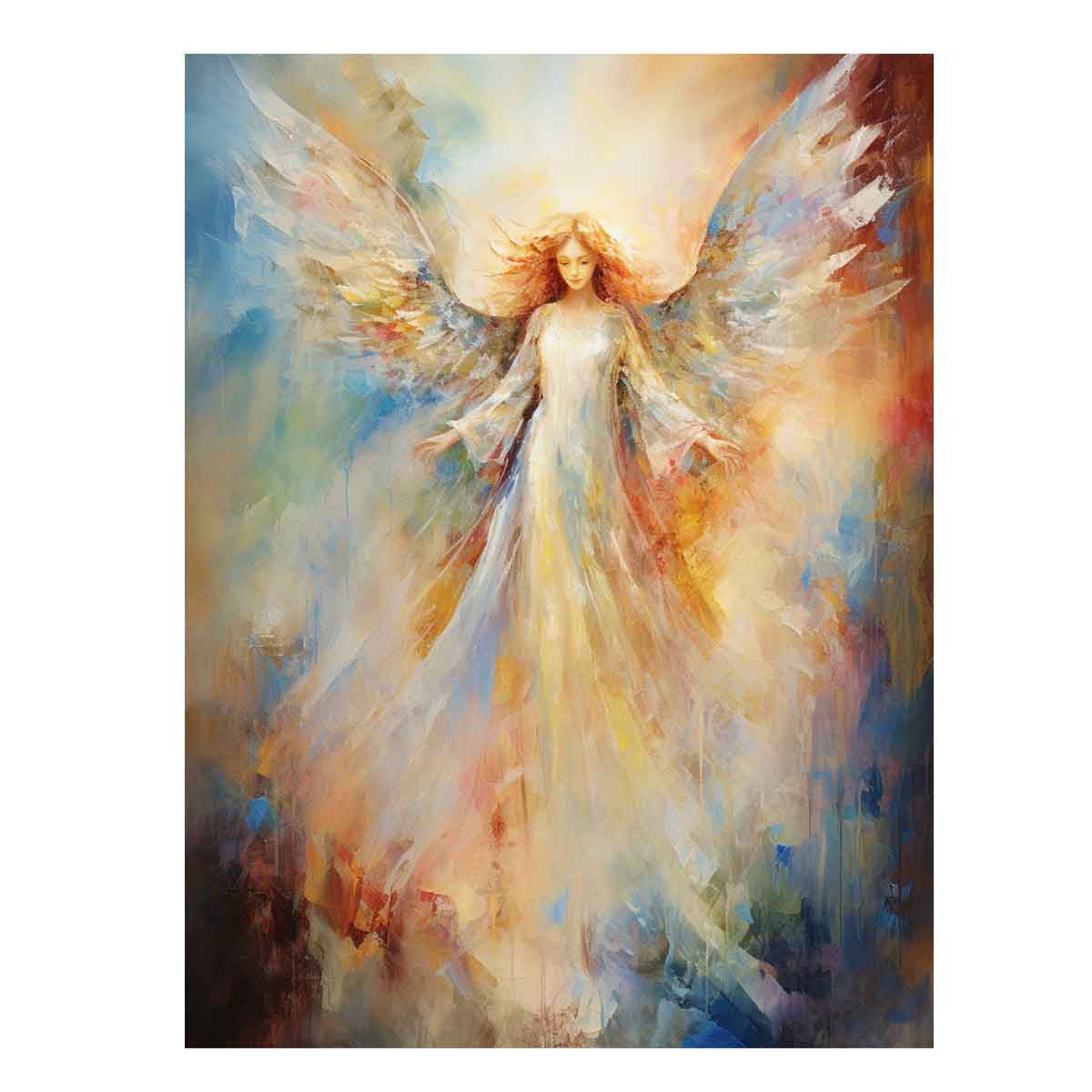Ethereal angel canvas art with glowing wings for peaceful bedroom decor.