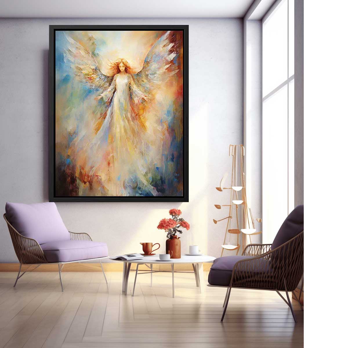 Ethereal angel canvas art with glowing wings for peaceful bedroom decor.