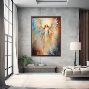 Ethereal angel canvas art with glowing wings for peaceful bedroom decor.