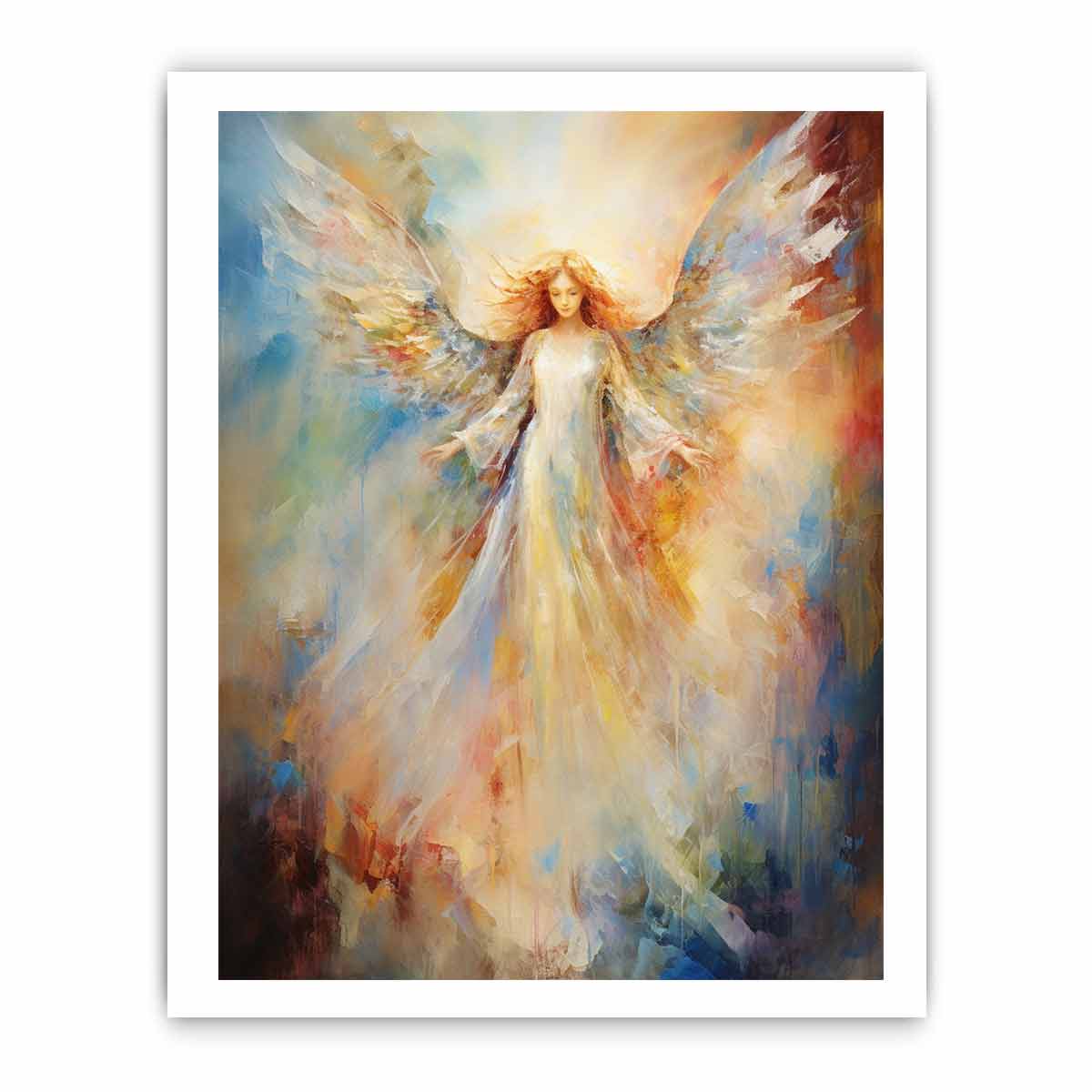 Ethereal angel canvas art with glowing wings for peaceful bedroom decor.