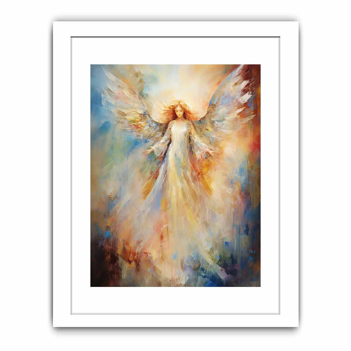 Ethereal angel canvas art with glowing wings for peaceful bedroom decor.