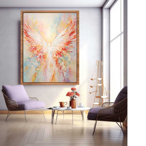 Soft pastel abstract angel wings canvas art for peaceful bedroom decor.