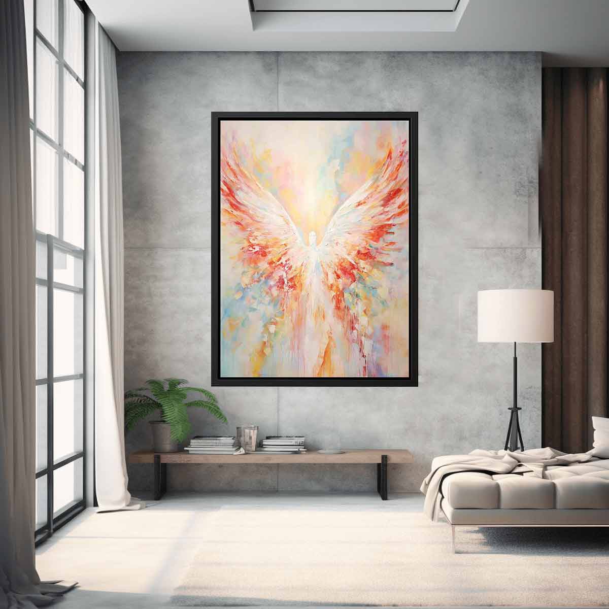 Soft pastel abstract angel wings canvas art for peaceful bedroom decor.