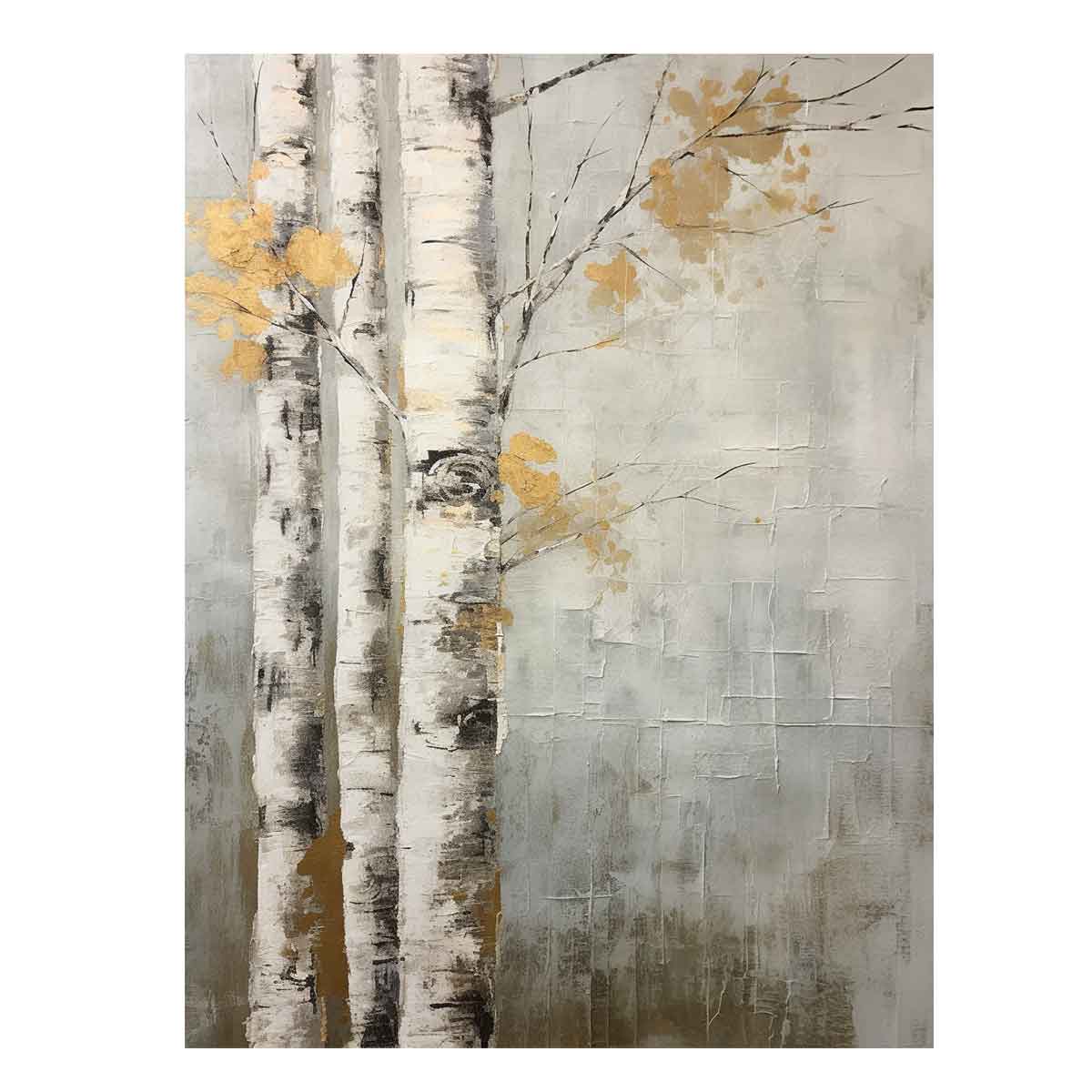 Neutral birch tree canvas art with gold accents for calm modern room decor.