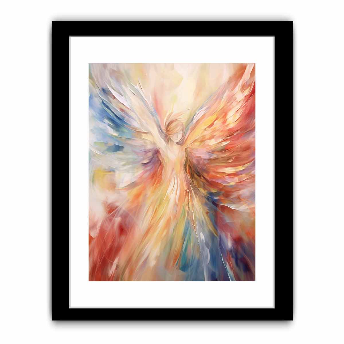 Colorful abstract angel canvas art with radiant wings for statement decor.