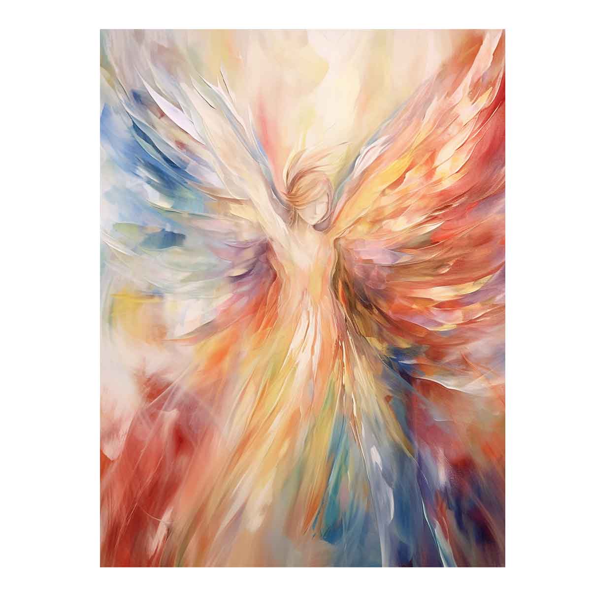 Colorful abstract angel canvas art with radiant wings for statement decor.