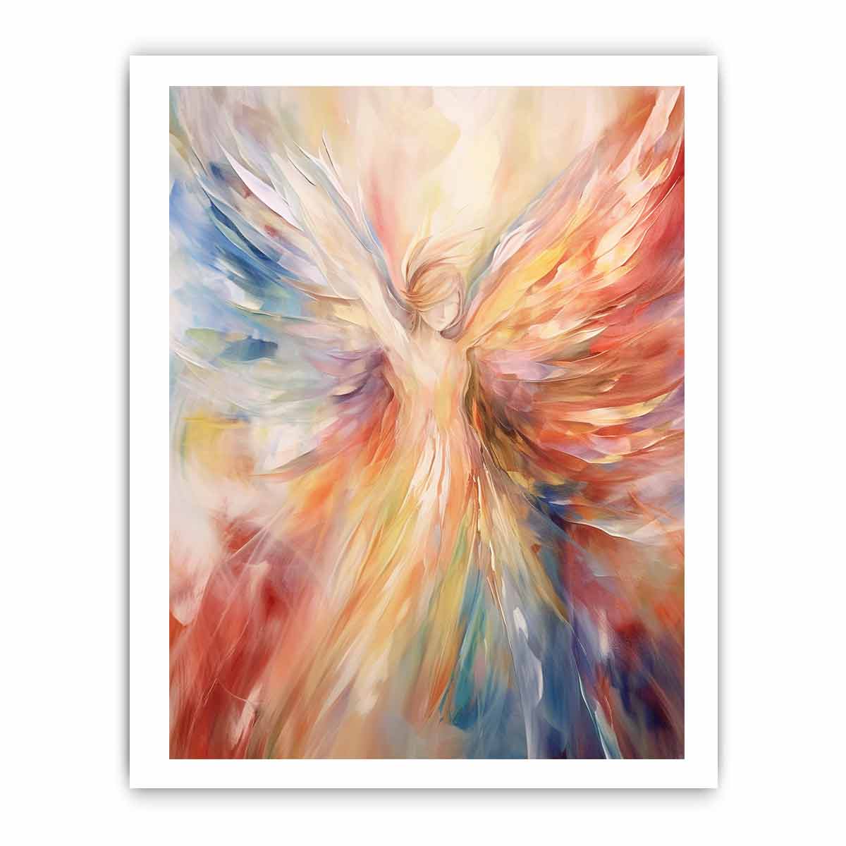 Colorful abstract angel canvas art with radiant wings for statement decor.