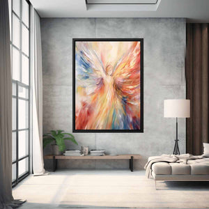 Colorful abstract angel canvas art with radiant wings for statement decor.