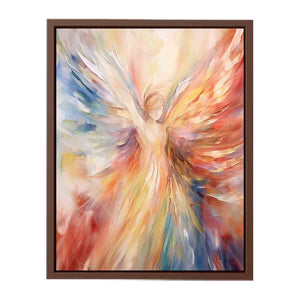 Colorful abstract angel canvas art with radiant wings for statement decor.
