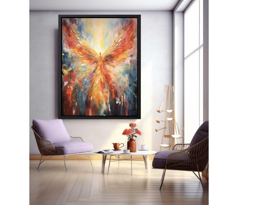 Fiery abstract angel wings canvas art for bold living room statement decor.