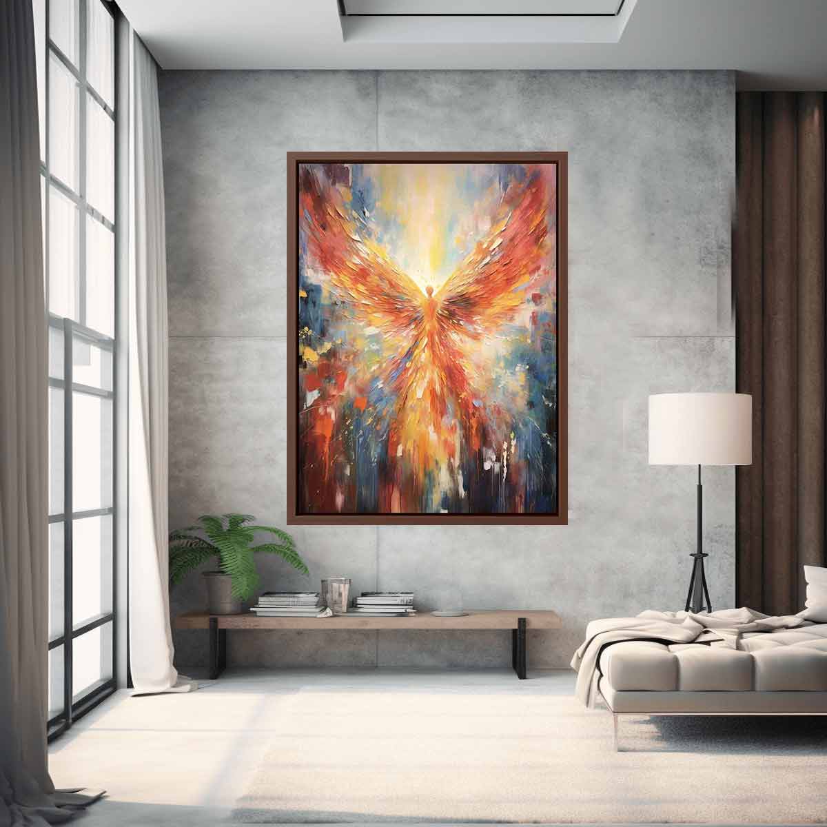 Fiery abstract angel wings canvas art for bold living room statement decor.