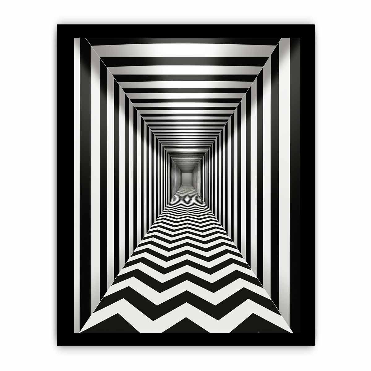Black and white optical illusion corridor canvas art for modern hallway or office decor.