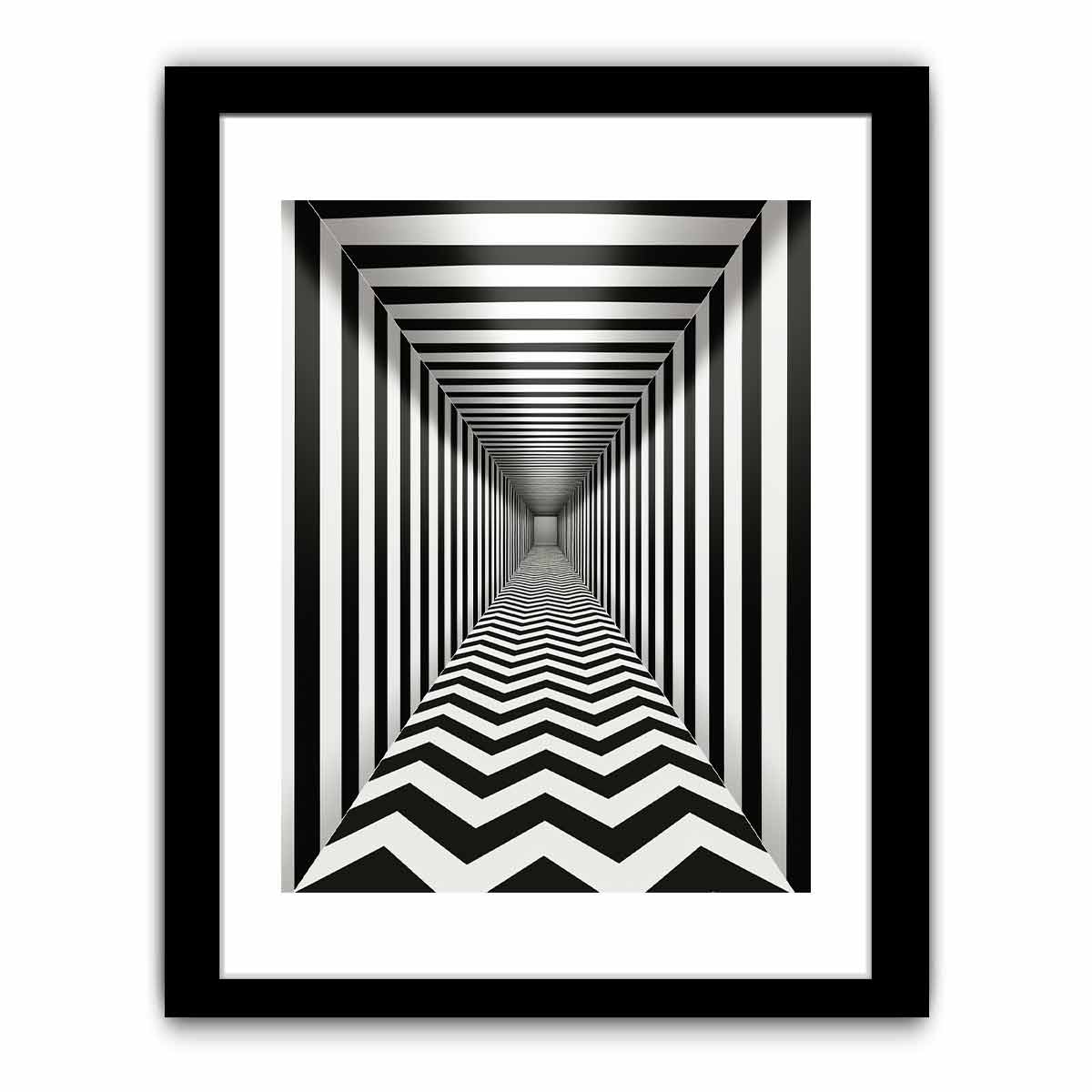Black and white optical illusion corridor canvas art for modern hallway or office decor.