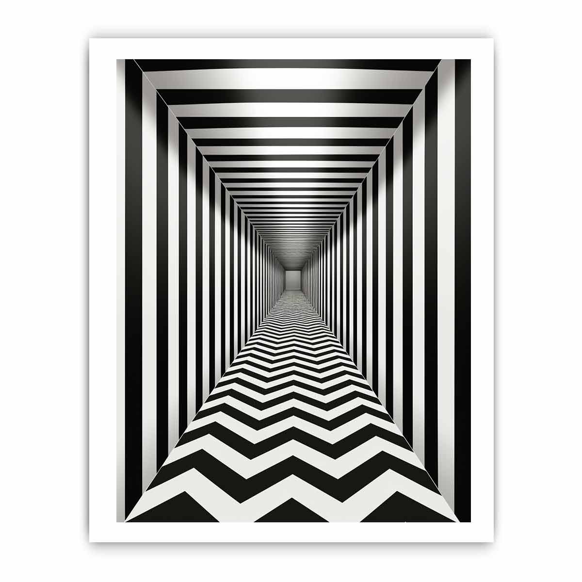 Black and white optical illusion corridor canvas art for modern hallway or office decor.