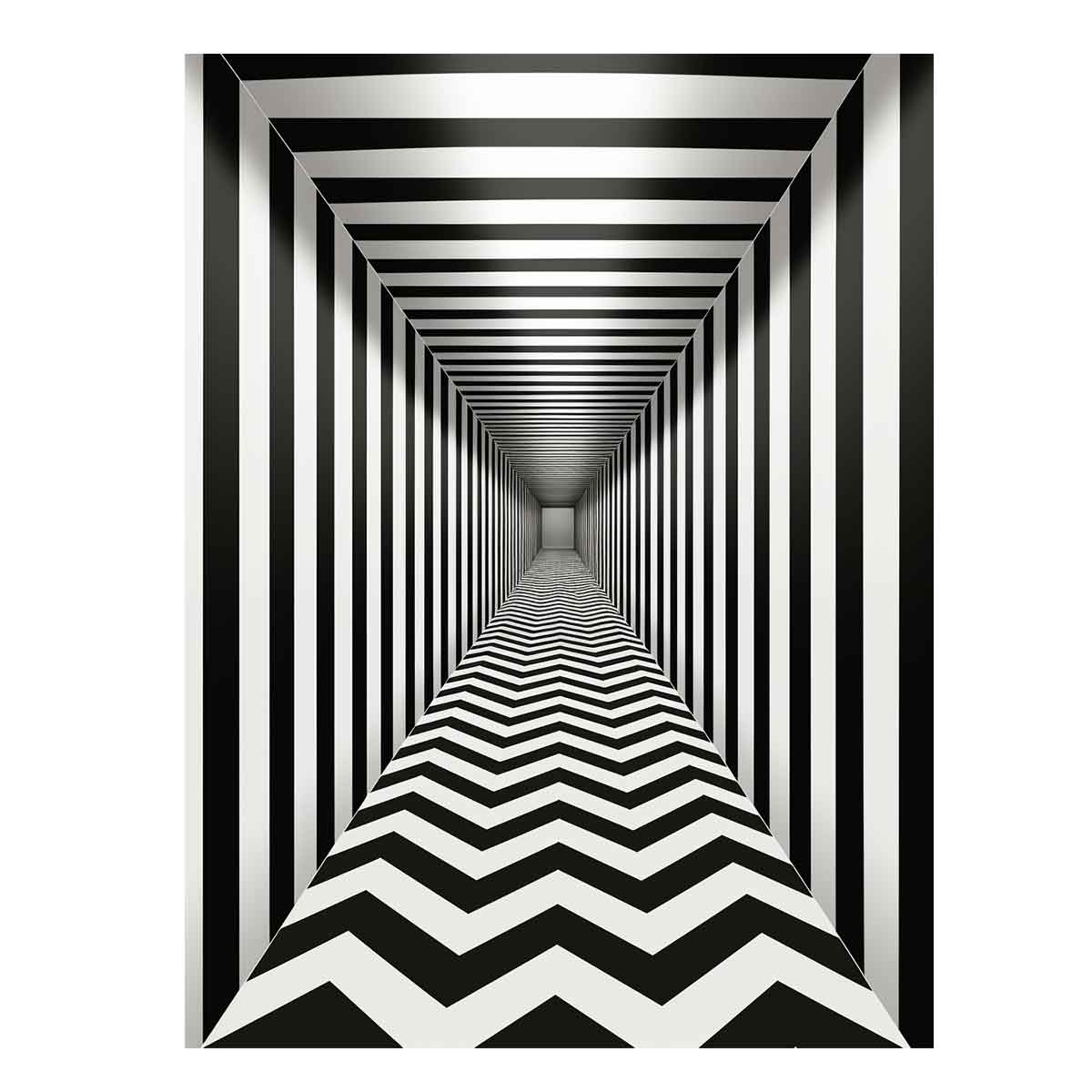 Black and white optical illusion corridor canvas art for modern hallway or office decor.