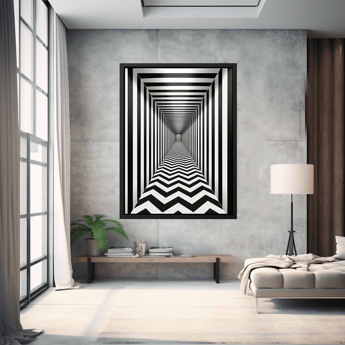 Black and white optical illusion corridor canvas art for modern hallway or office decor.