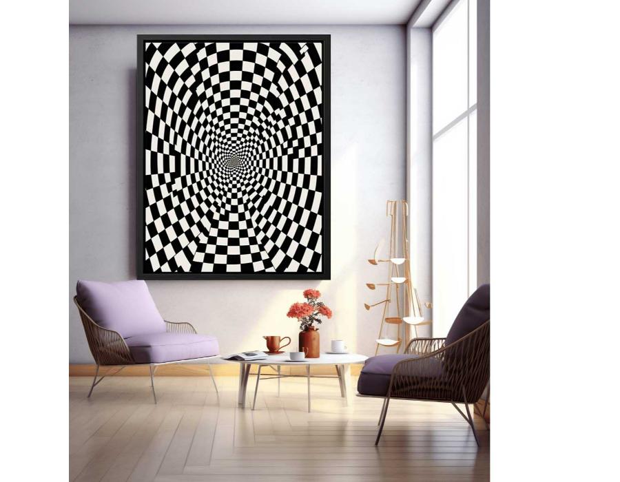 Black and white checkerboard illusion canvas art for modern office or hallway decor.