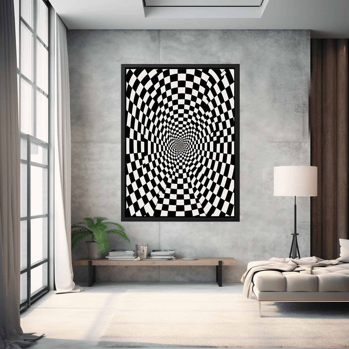 Black and white checkerboard illusion canvas art for modern office or hallway decor.