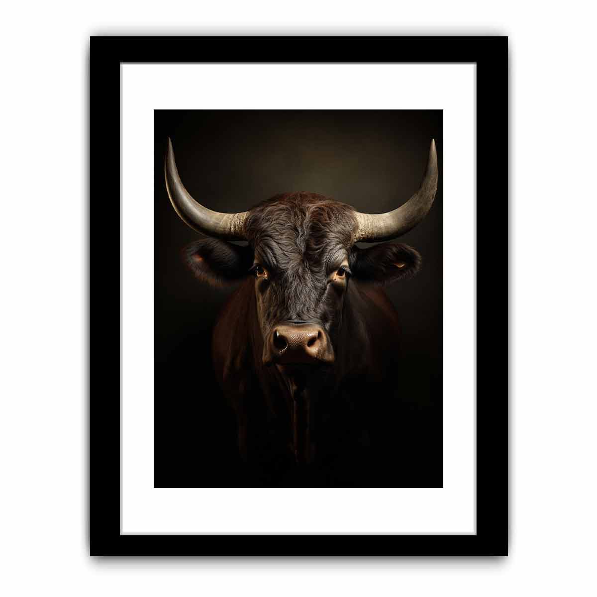 Moody bull portrait canvas art with horns for rustic living room or office decor.